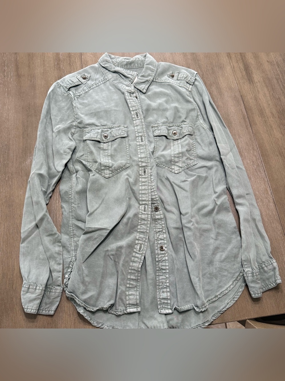 American Eagle Women's Light Sage Button-Down Utility Shirt